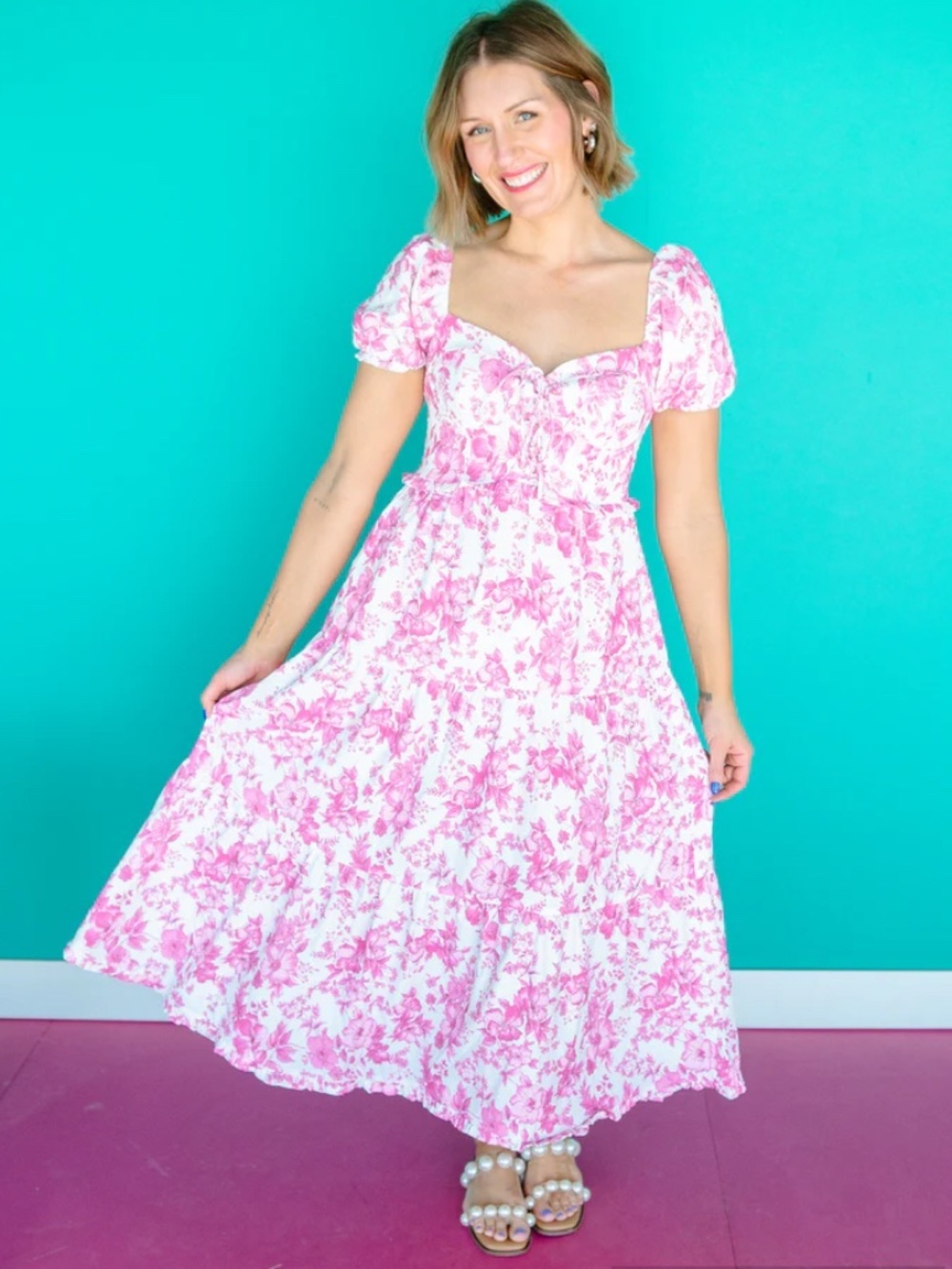 Entro Pink & White Floral Sweet heart Puff Sleeve Midi Dress Cottagecore Small